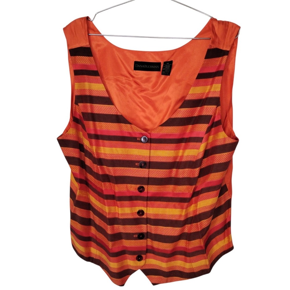 Dana Buchman Vntage Striped Button Front Vest Orange Red Brown Yellow Size 20